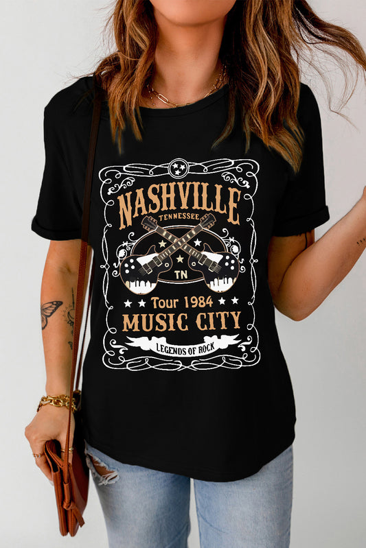 NASHVILLE Letter Guitar Print Short Sleeve Graphic Tee