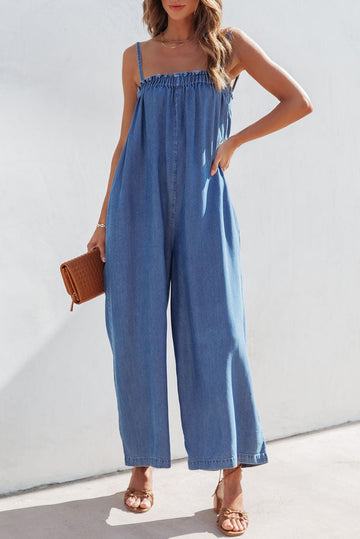 Spaghetti Straps Frilled Neckline Pocketed Wide Leg Denim Jumpsuit