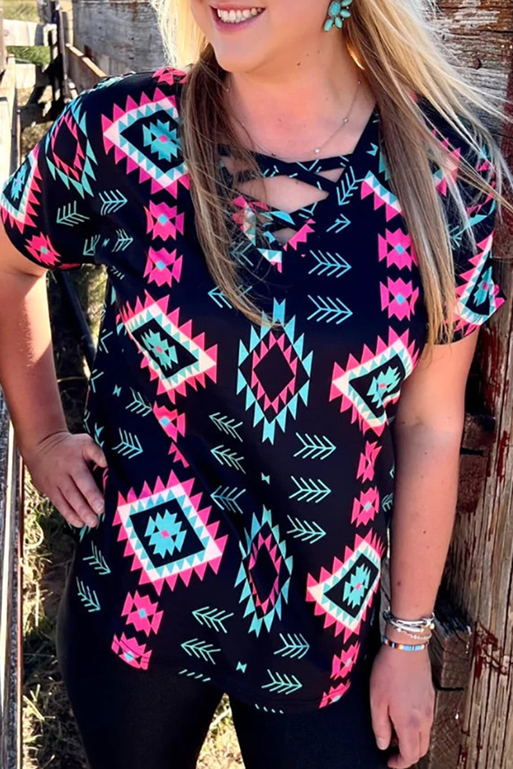 Western Fashion Aztec Print Crisscross V Neck Top