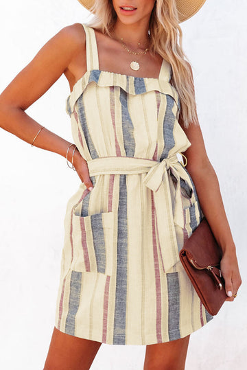 Stripe Frill Trim Patch Pocket Belted Mini Dress