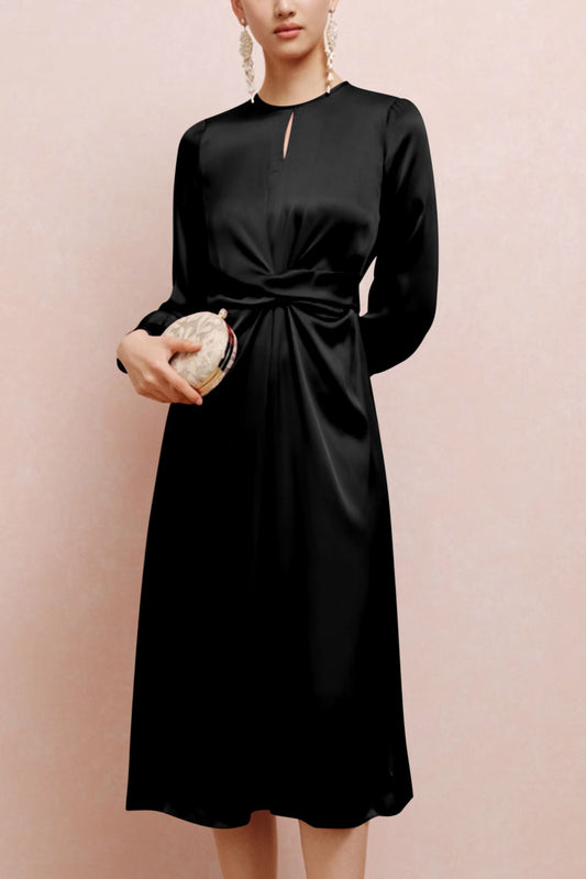 Twist Front Tie Back Long Sleeve Satin Dress