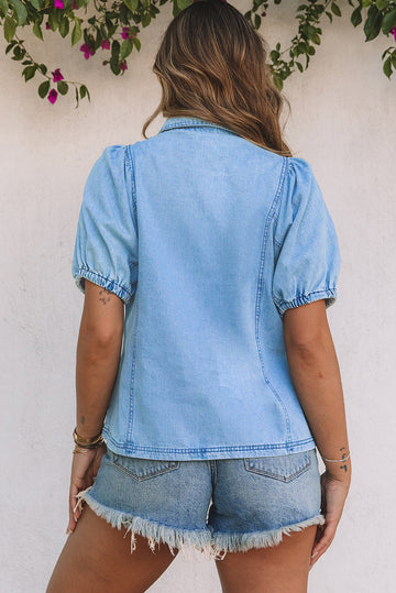 Blue Short Bubble Sleeve Snap Button Denim Shirt