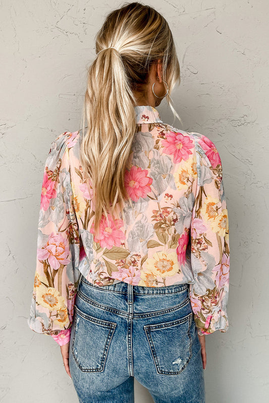 All Floral Puff Sleeve Collared Shirt