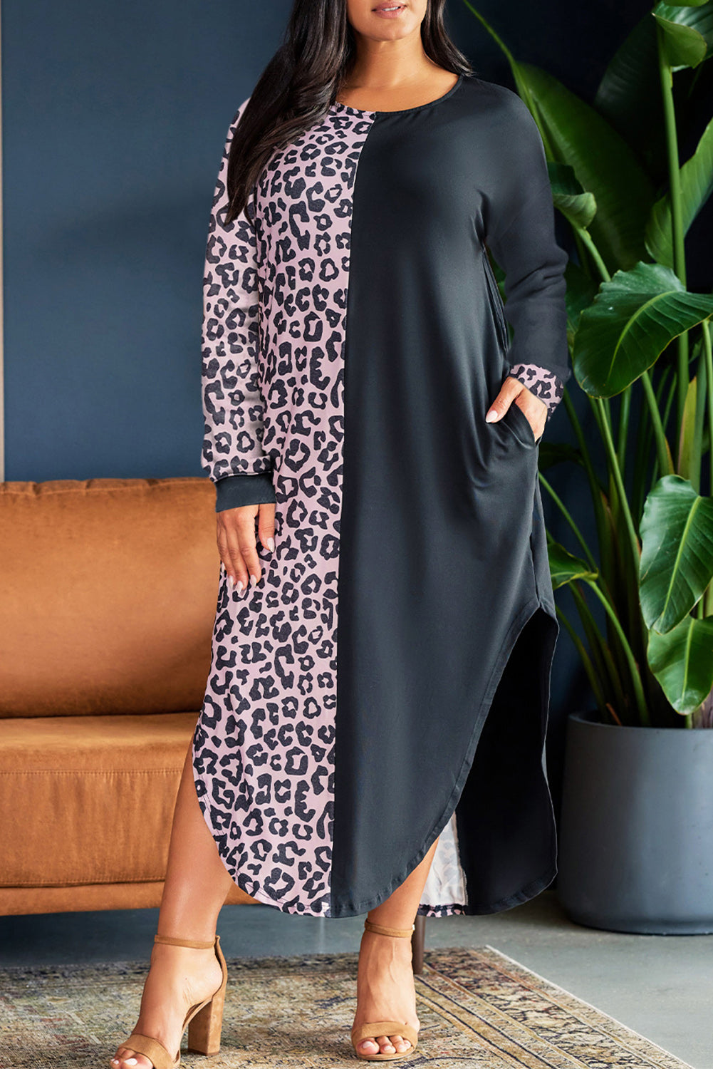 Plus Size Leopard Colorblock Long Sleeve T-Shirt Dress