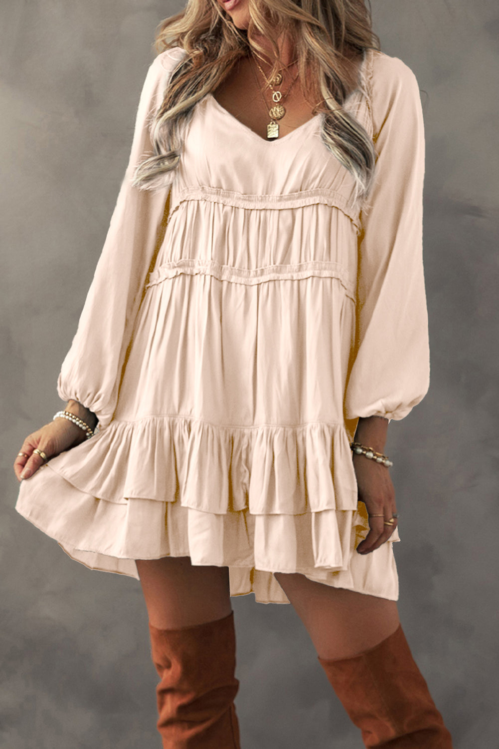 Tiered Ruffled Puff Sleeve Loose Fit Mini Dress