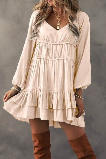 Tiered Ruffled Puff Sleeve Loose Fit Mini Dress