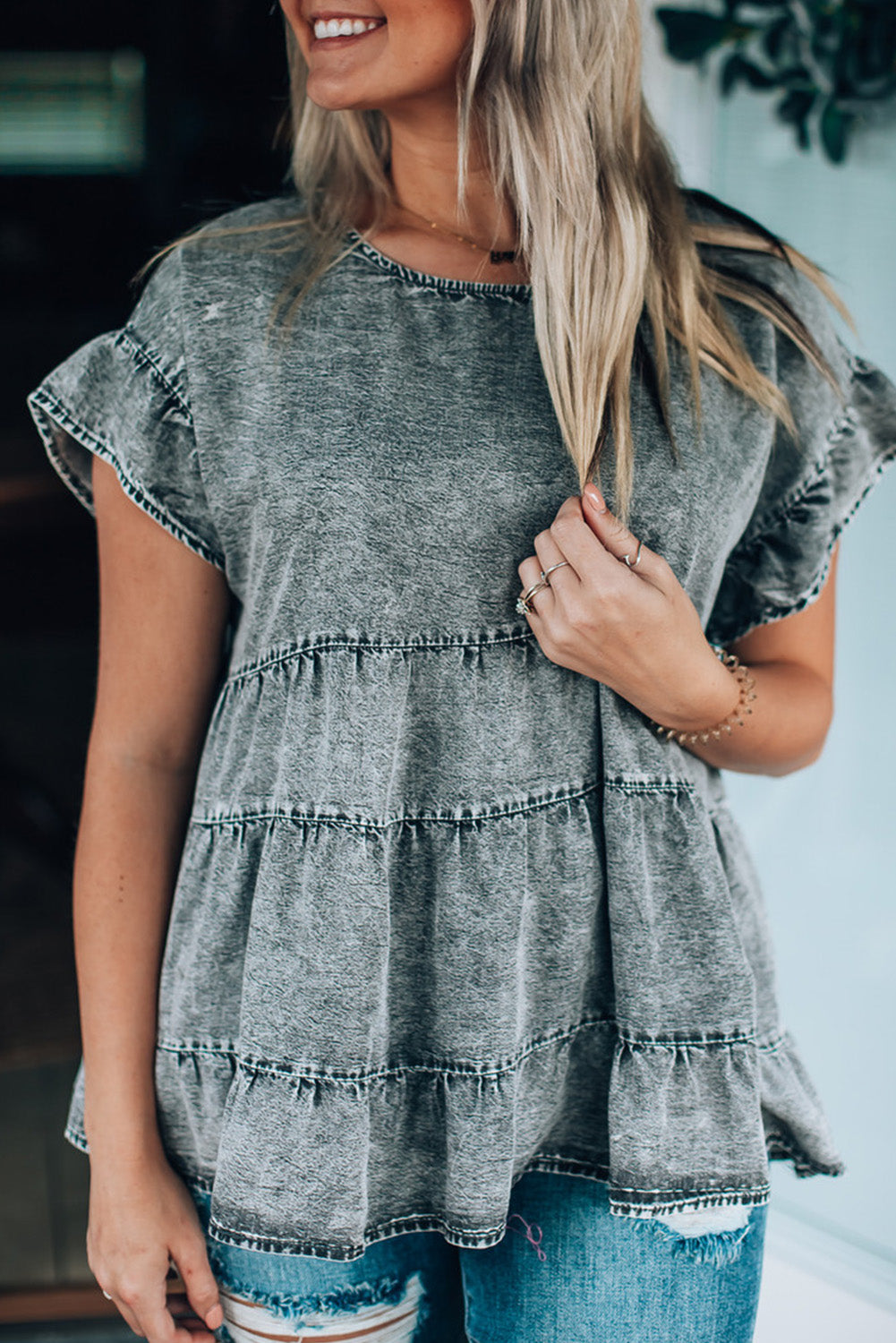 Gray Flutter Sleeves Tiered Denim Top