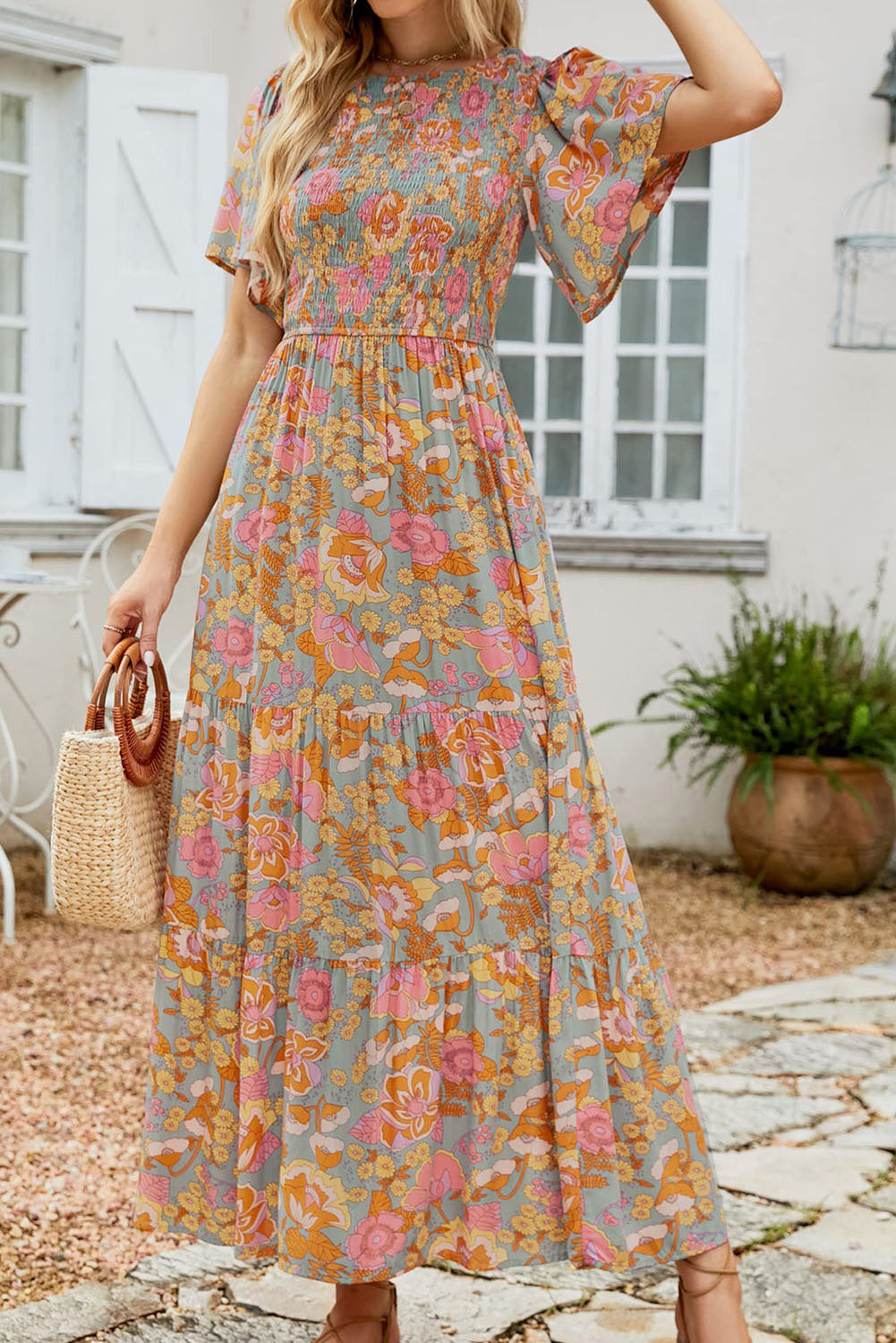 Vintage Floral Smocked Bodice Flare Sleeve Tiered Long Dress