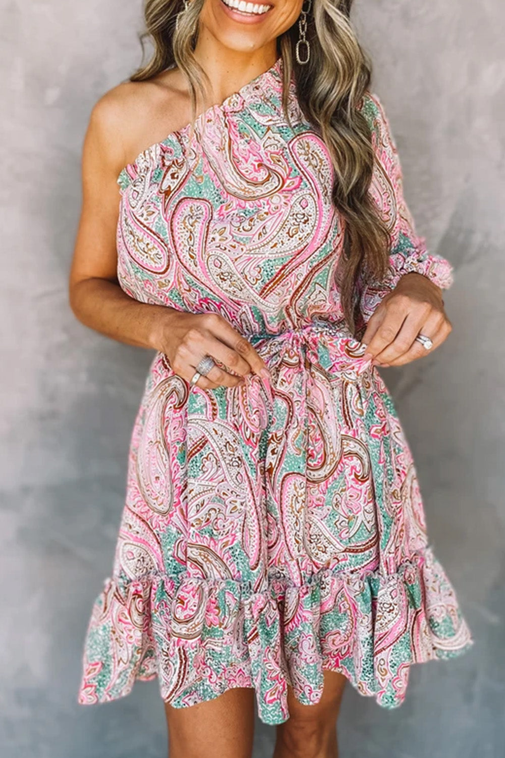 Pink Paisley Print One Shoulder Lace-up High Waist Mini Dress