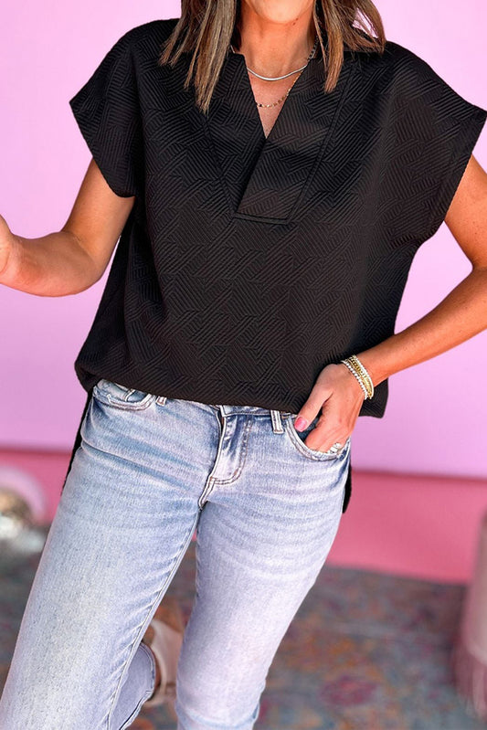 Textured V Neck Collared Short Sleeve Top