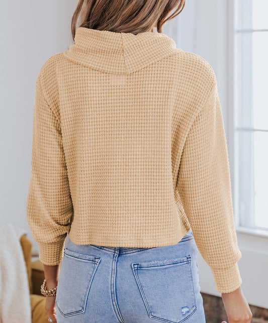 Solid Waffle Knit Turtleneck Long Sleeve Top