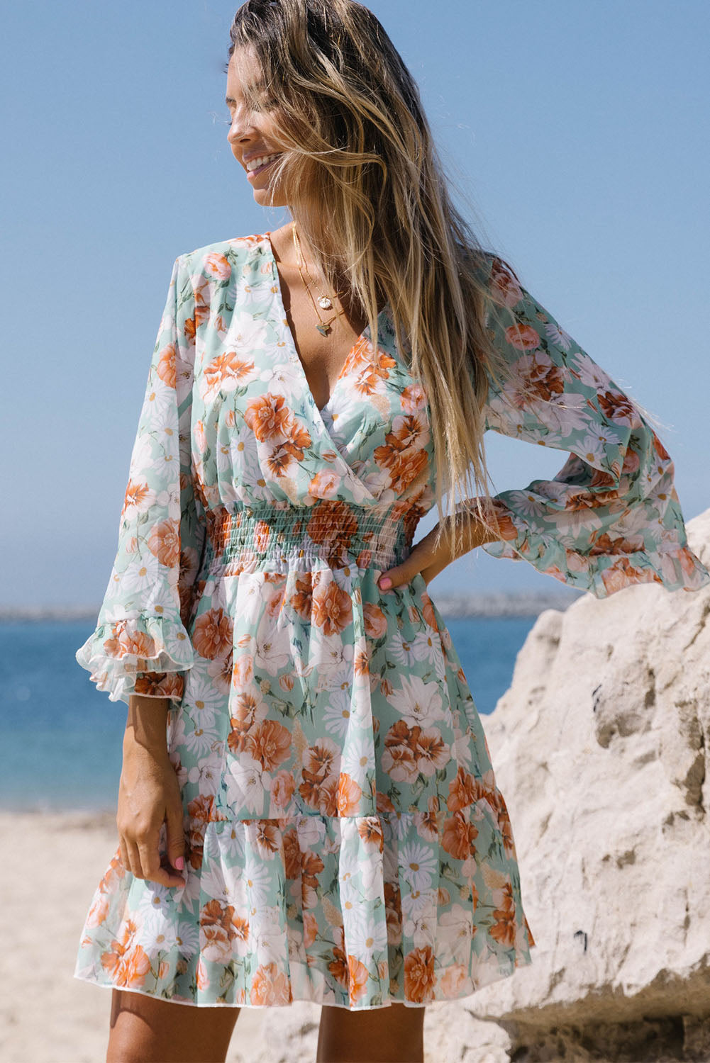 Green Floral Print V Neck Wrap Mini Dress