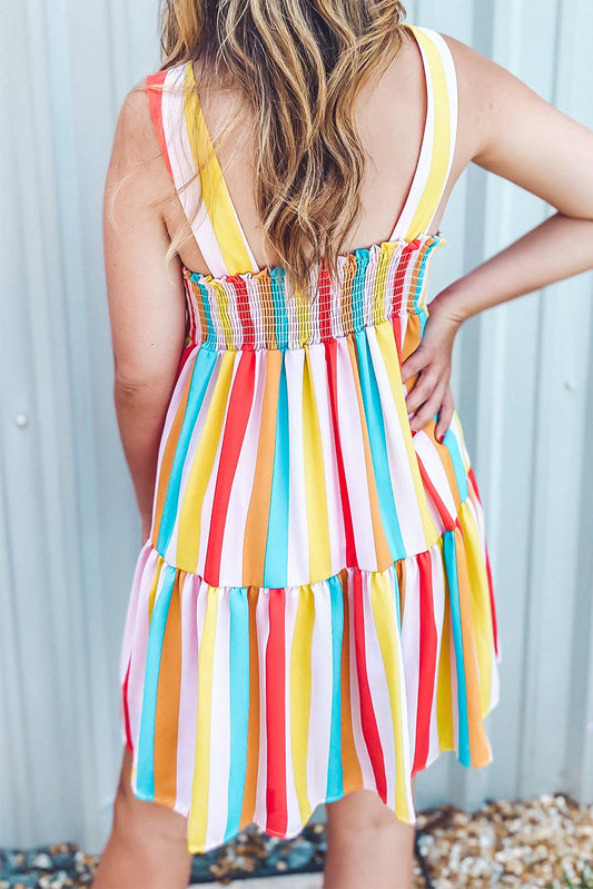 Multicolor Rainbow Stripe Print Tiered Sundress