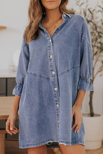 Buttoned Long Sleeve Denim Mini Dress