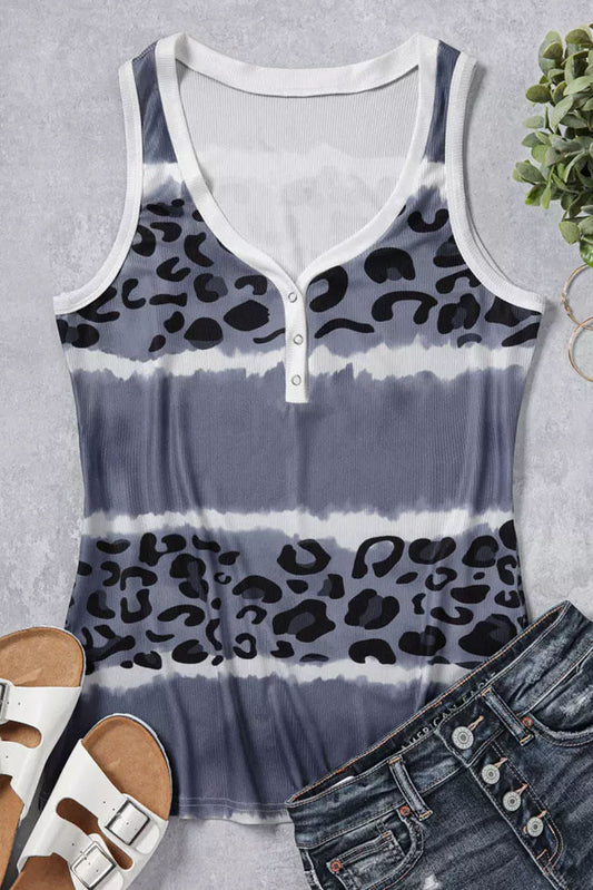 Ribbed Leopard Tie Dye Snap Button Tank Top