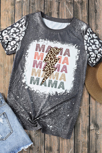 Gray MAMA Lightning Leopard Bleached Print Graphic T Shirt