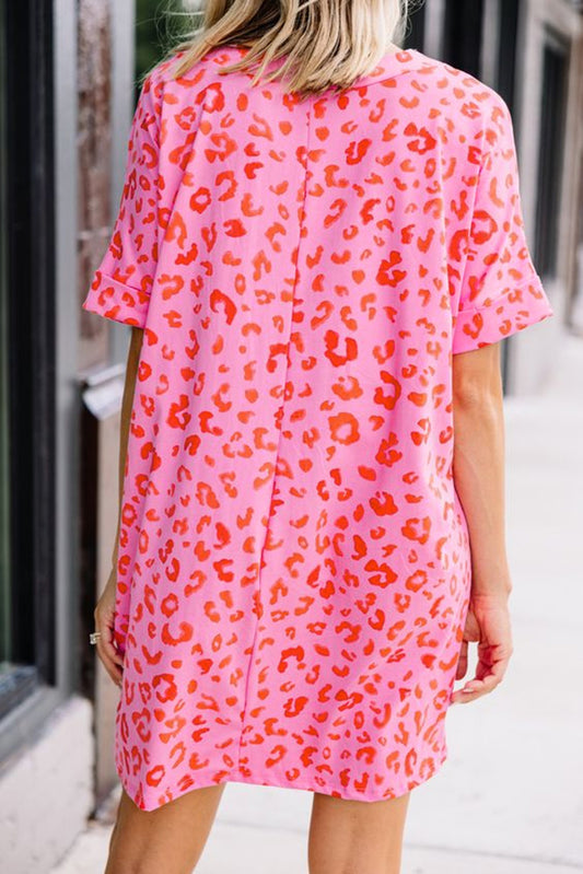 Leopard Print V Neck Shift T-shirt Dress