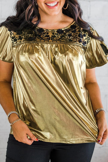 Gold Plus Size Floral Embroidered Short Sleeve Top