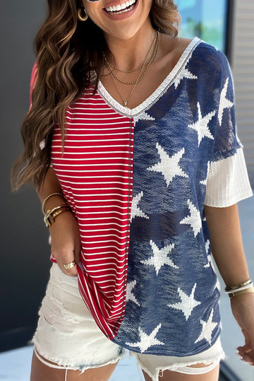 Stripes Stars Print Knit Short Sleeves Top