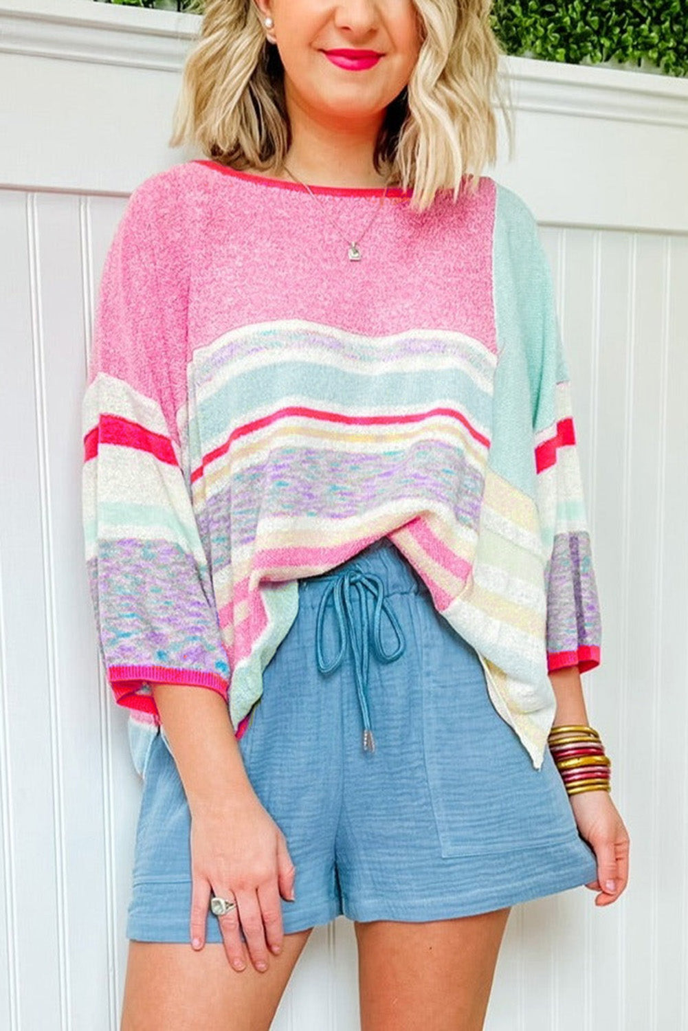 Color Block Striped Three-Quarter Sleeve Knitted Top