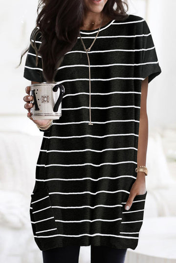 Black Striped Print Side Pockets Short Sleeve Tunic Top