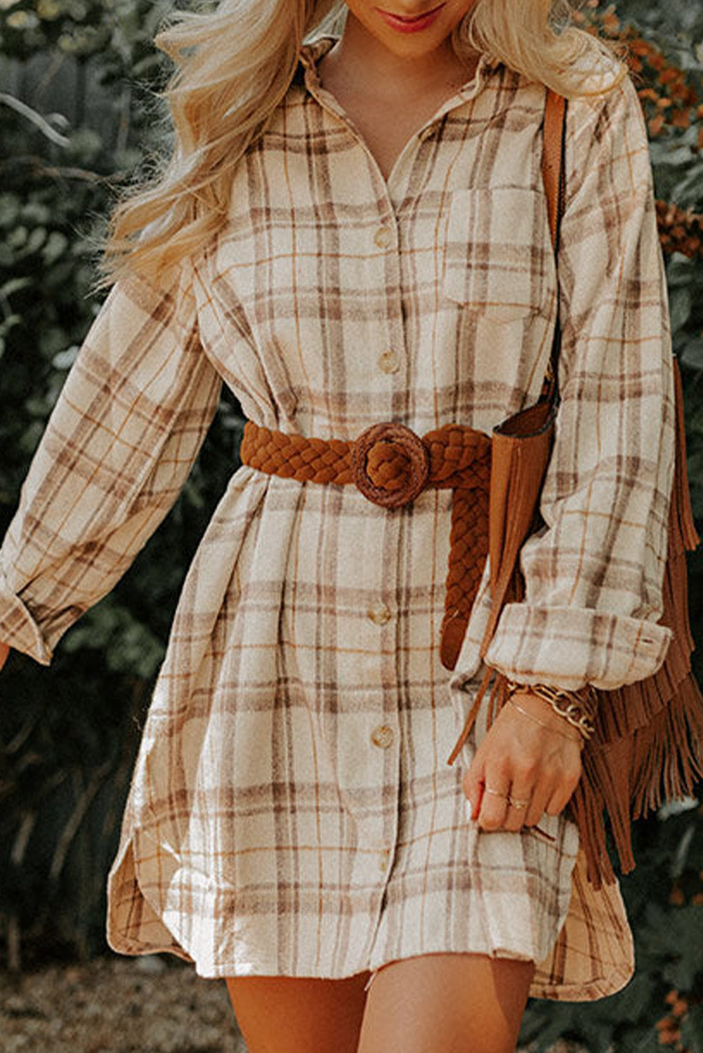 Western Plaid Button Up Loose Shirt Dress