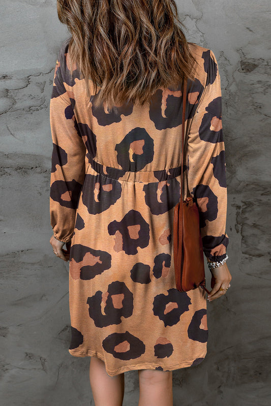 Print Button Front Bubble Sleeve Loose Knit Dress