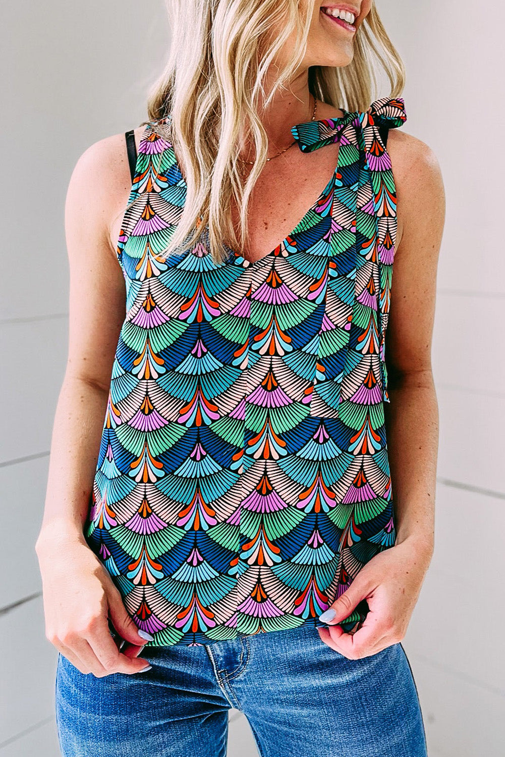 Printed Knotted Shoulder Tank Tops