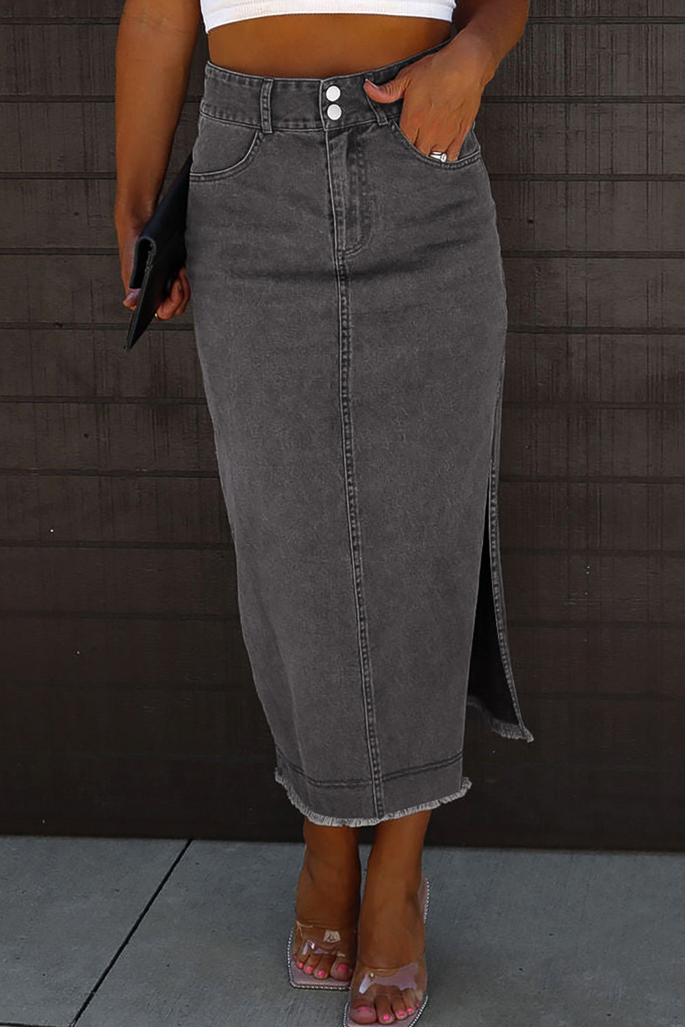 Raw Edge Side Slits Buttoned Midi Denim Skirt