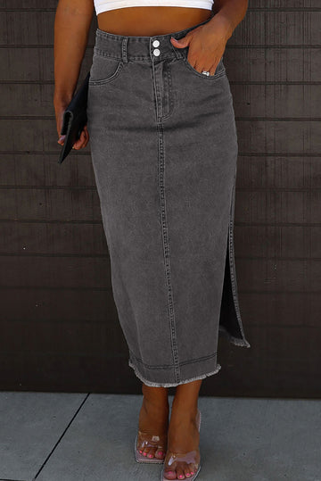 Raw Edge Side Slits Buttoned Midi Denim Skirt