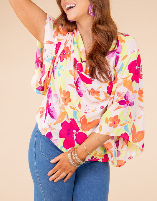 Multicolor Floral Print Cowl Neck Plus Size Blouse