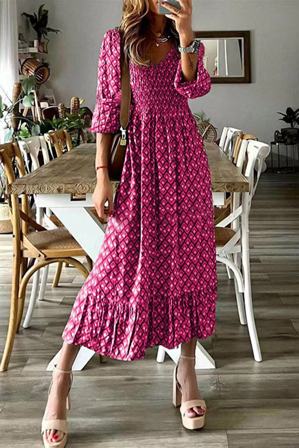 Print Shirred V Neck High Waist Long Dress