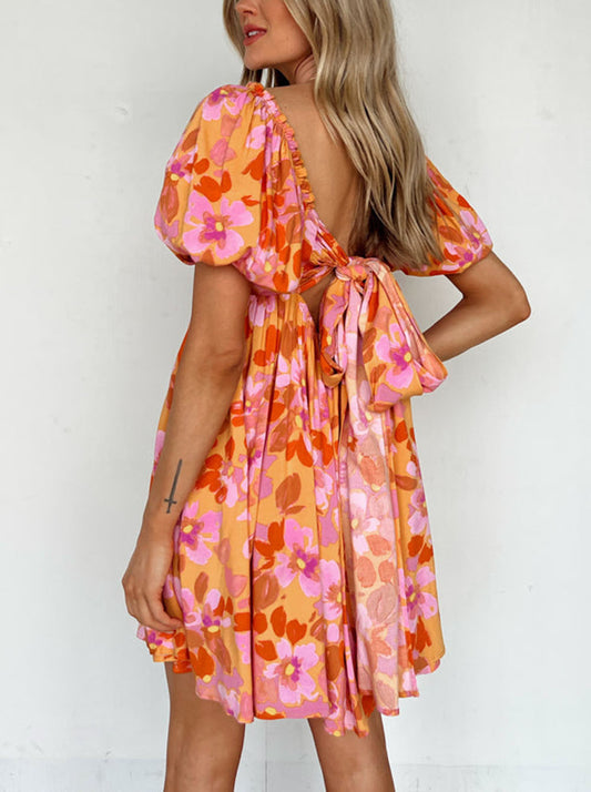 Puff Sleeve Bow Knot Open Back Floral Mini Dress