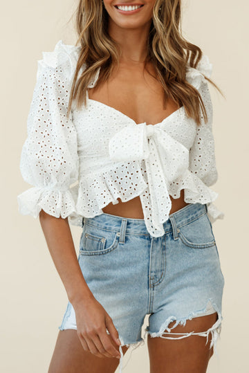 White Ruffle Puff Sleeve Crop Top