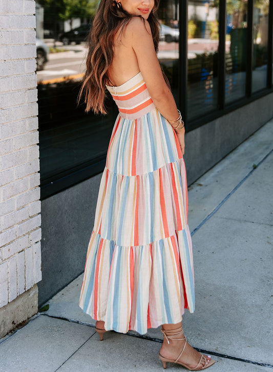 Striped Tie Decor Strapless Tiered Maxi Dress