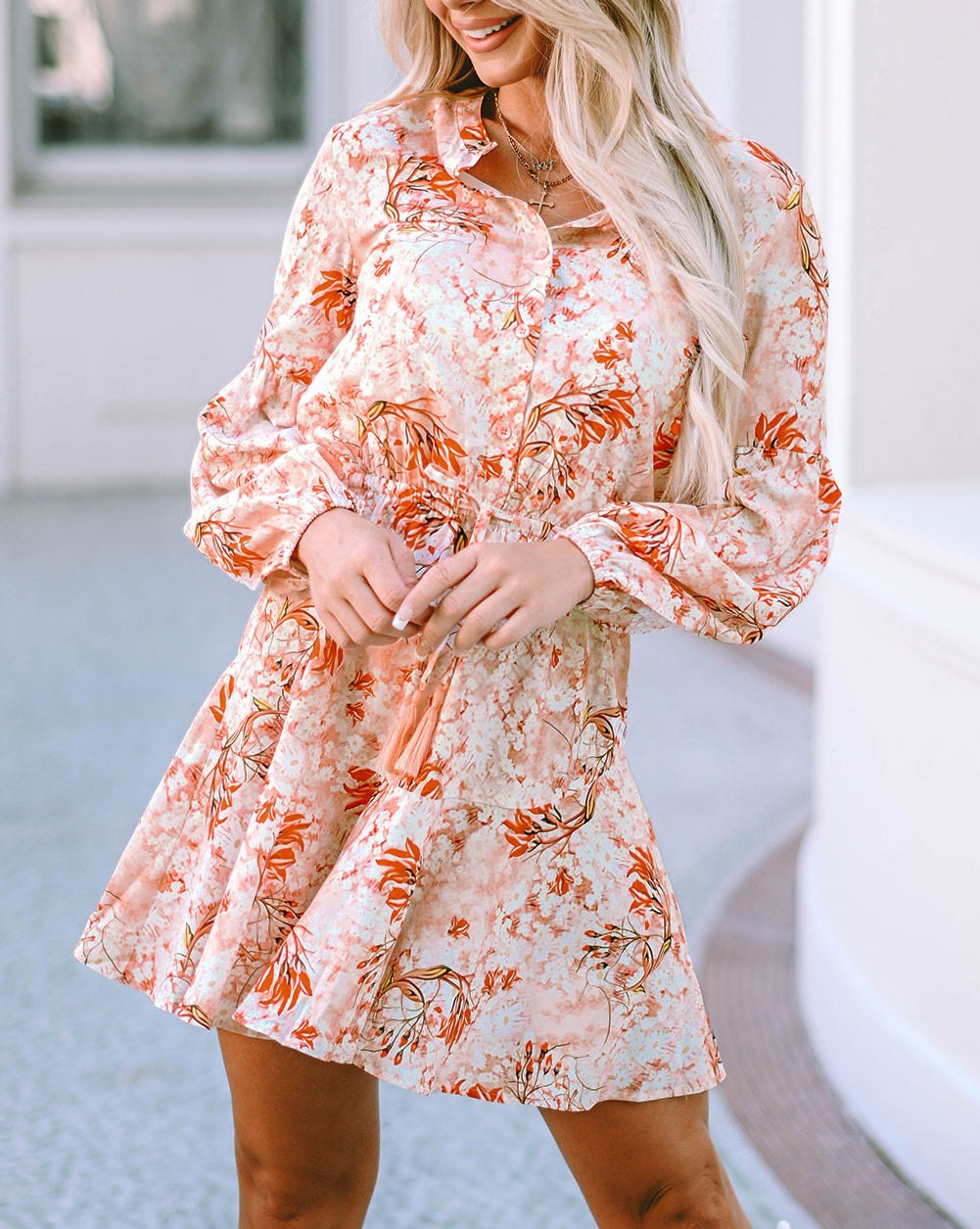 Bubble Sleeve Cinched Waist Floral Dress