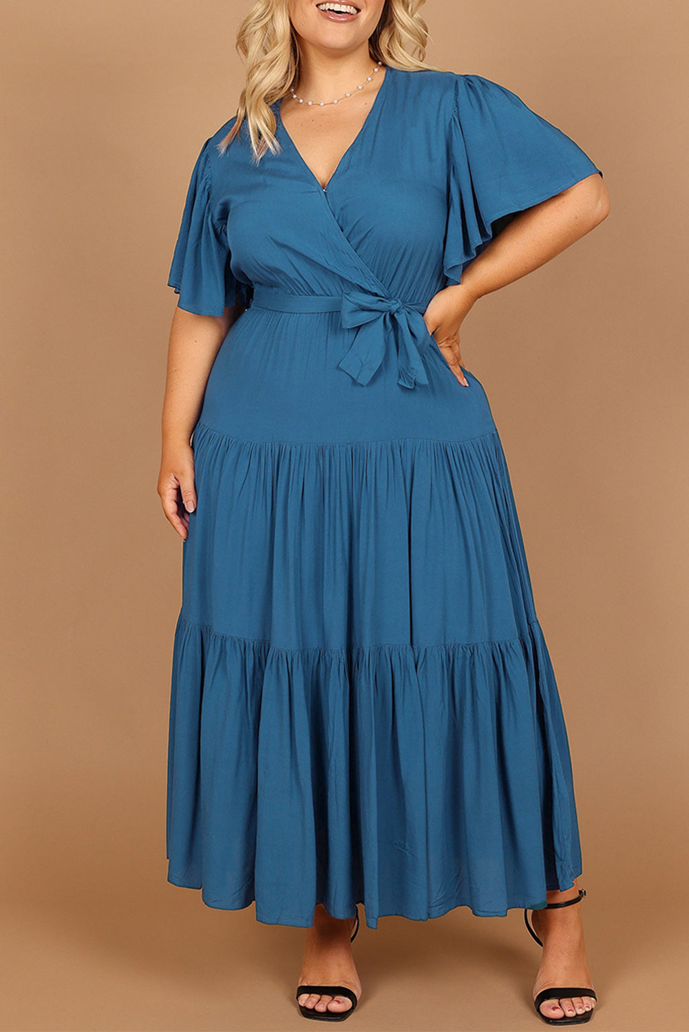 Green Plus Size Pleated Lace-up V Neck Wrap Maxi Dress