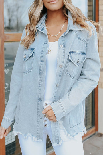 Flap Pocket Buttoned Raw Hem Denim Jacket