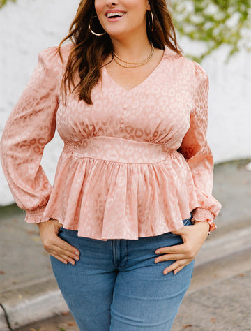 Pink Plus Size Leopard Satin Peplum Top