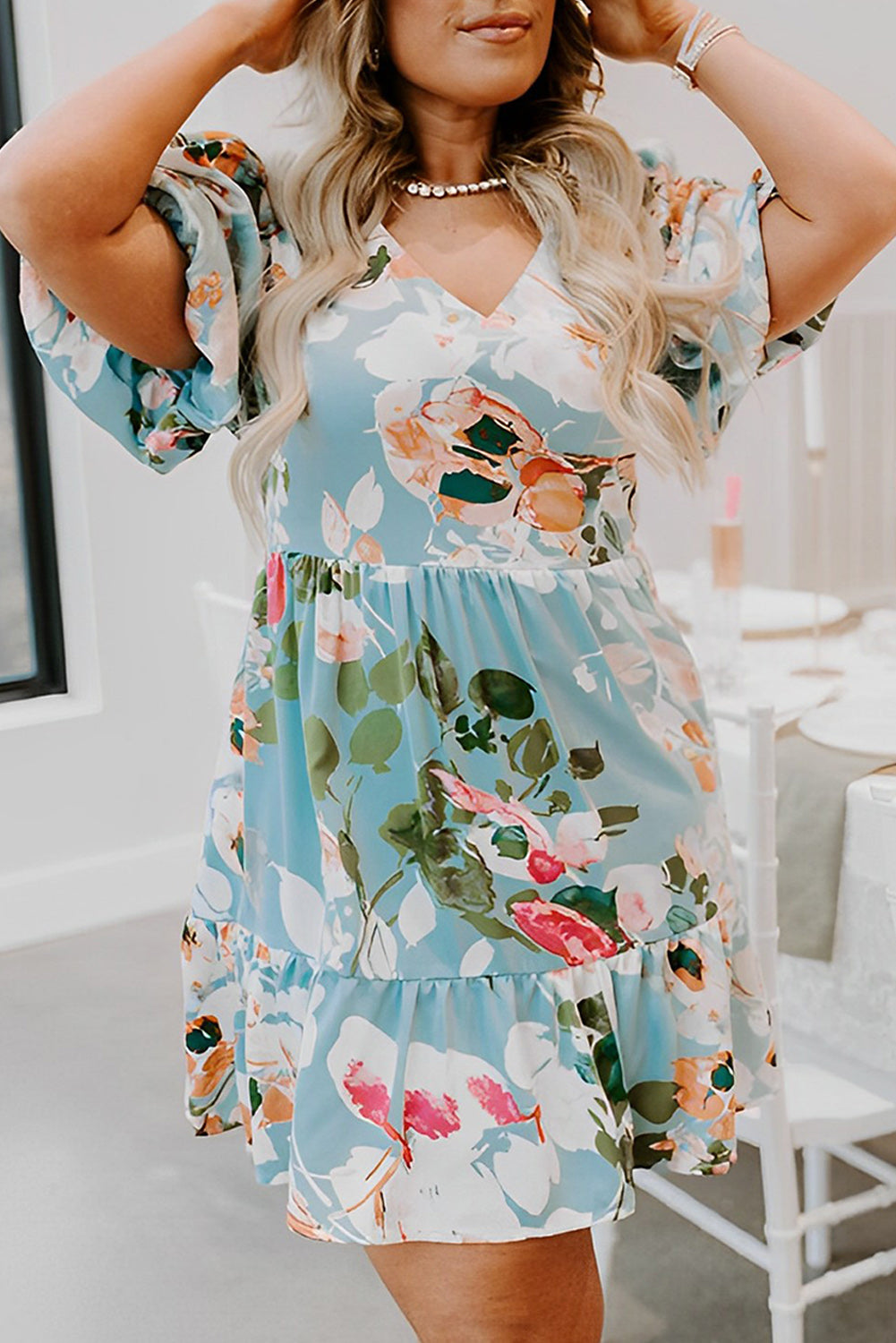 Sky Blue Floral Print Ruffled Puff Sleeve Plus Size Mini Dress