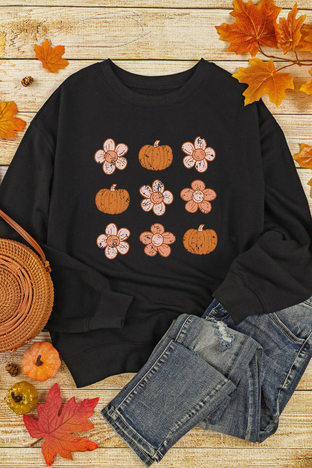 Floral Halloween Pumpkin Graphic Crew Neck Sweatshirt