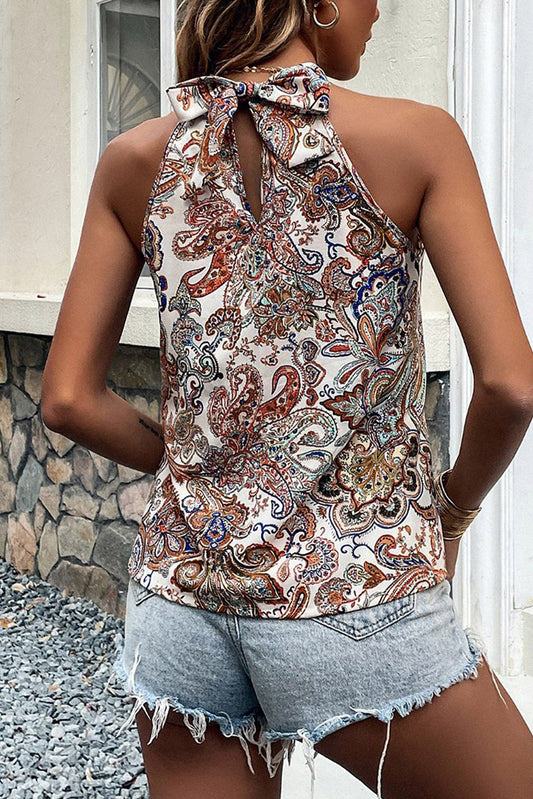 Apricot Paisley Print Back Bow Sleeveless Top