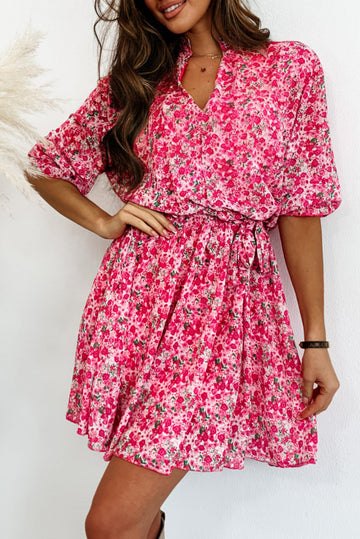 Rose Ditsy Floral Notch V Neck Belted Swing Dress