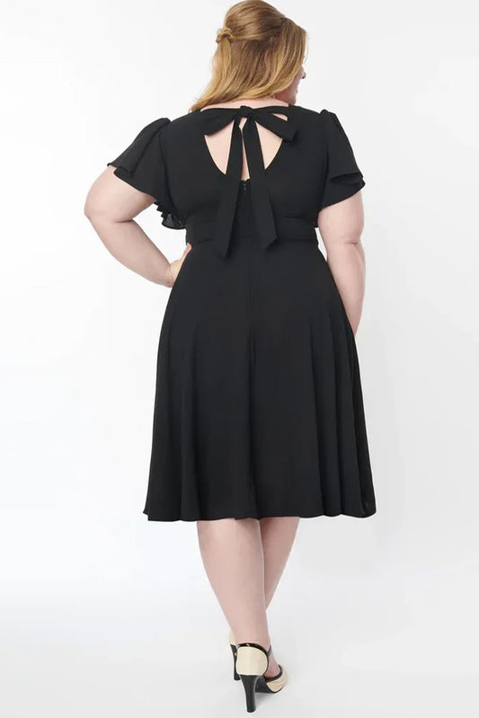 Plus Size Flutter Sleeve V Neck Midi Dress