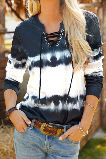 Tie Dye Lace Up V-Neck Long Sleeve Top