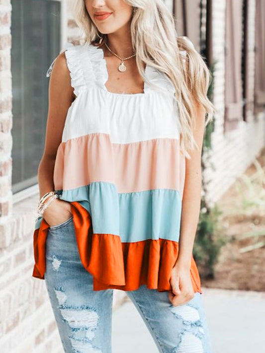 White Frill Straps Color Block Tiered Tank Top