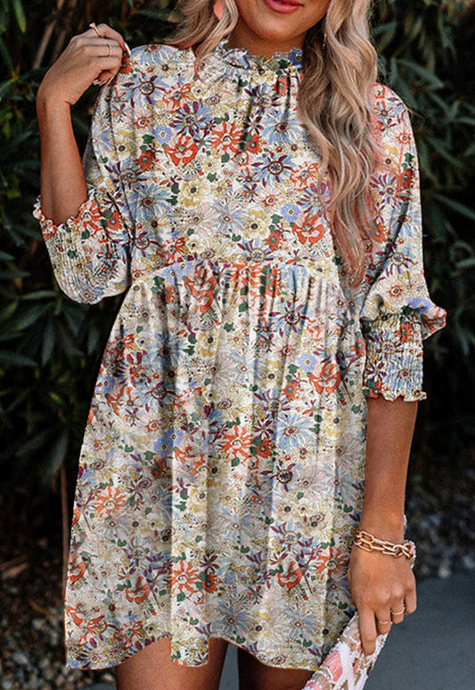 Floral Frilled Neck Shirred Bracelet Sleeve Dress