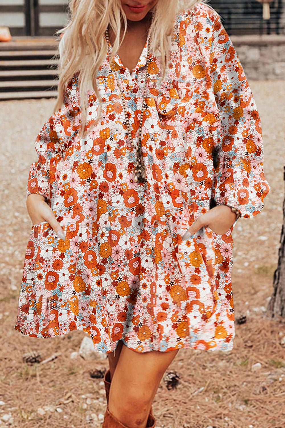 Printed Split Neck Floral Pocketed Shift Dress