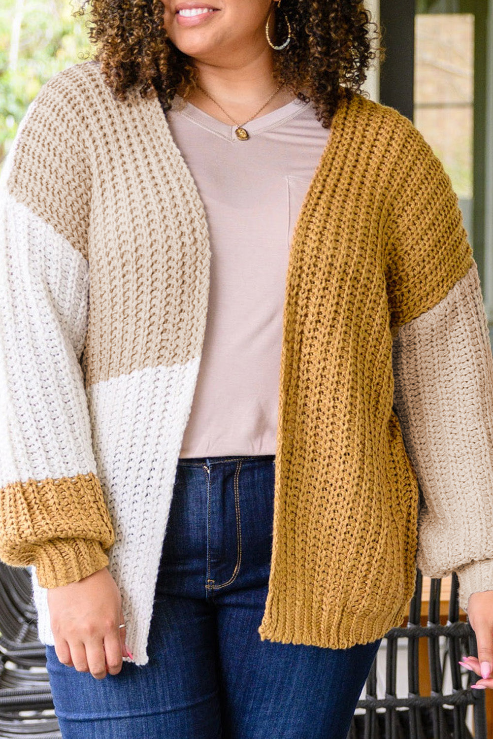 Color Block Knitted Open Front Plus Size Cardigan