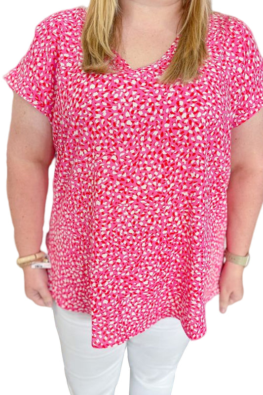 Spot Print Short Sleeve V-Neck Plus Size Blouse